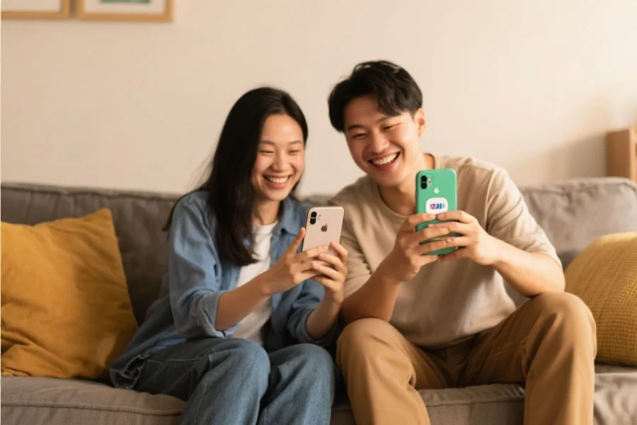 两位用户分别使用iPhone和安卓手机，开心地在沙发上体验新安装的APP，画面温馨自然